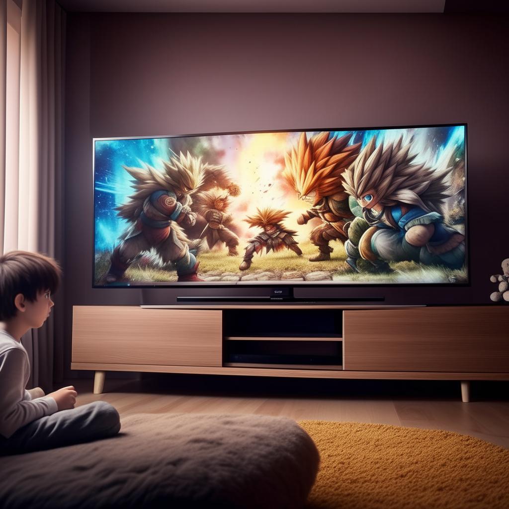 An intricately detailed anime battle scene is playing on a modern, flatscreen TV in a cozy, realistic living area. A young boy is depicted watching, completely engrossed by the dynamic fight on screen.