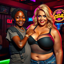 In a lively strip club setting, a striking scene features a 20-year-old young African woman, very short and appearing malnourished, with dark skin and a wide smile