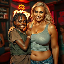 In a lively strip club setting, a striking scene features a 20-year-old young African woman, very short and appearing malnourished, with dark skin and a wide smile