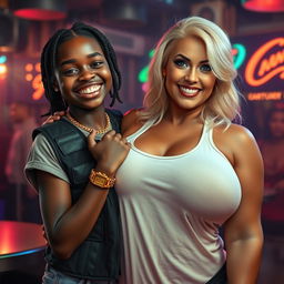 In a lively strip club setting, a striking scene features a 20-year-old young African woman, very short and appearing malnourished, with dark skin and a wide smile