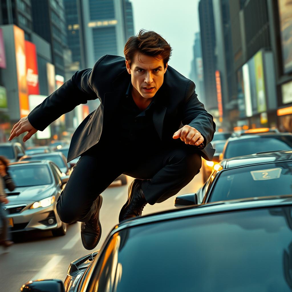 A dynamic scene from a Tom Cruise movie featuring a high-speed chase in a bustling urban environment, showcasing sleek, modern cars weaving through traffic, with Tom Cruise as a dashing, determined protagonist