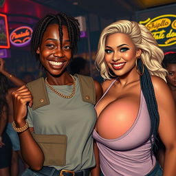 In a lively strip club environment, a captivating scene portrays a 20-year-old young African woman, notably short and appearing malnourished, with dark skin and a wide smile that plays with her somewhat imperfect teeth