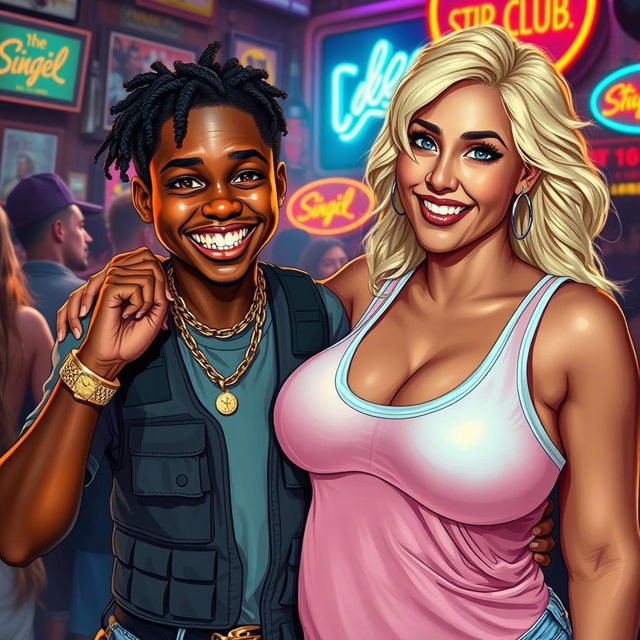 In a lively strip club environment, a captivating scene portrays a 20-year-old young African woman, notably short and appearing malnourished, with dark skin and a wide smile that plays with her somewhat imperfect teeth