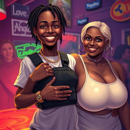 In a lively strip club environment, a captivating scene portrays a 20-year-old young African woman, notably short and appearing malnourished, with dark skin and a wide smile that plays with her somewhat imperfect teeth