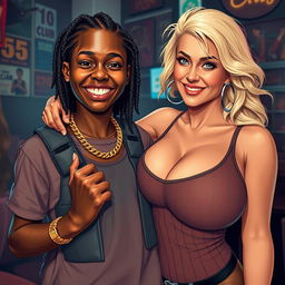 In a lively strip club environment, a captivating scene portrays a 20-year-old young African woman, notably short and appearing malnourished, with dark skin and a wide smile that plays with her somewhat imperfect teeth