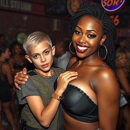 In a bustling strip club setting, a 20-year-old young blonde woman, notably short and appearing malnourished, playfully holds the impossibly large, silicone-enhanced breasts of a 40-year-old African woman