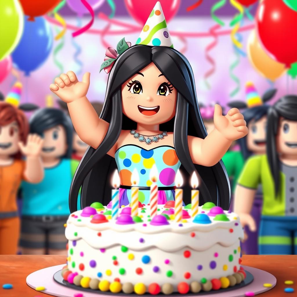 A Roblox girl with long black hair celebrating her birthday, depicted in a cheerful pose
