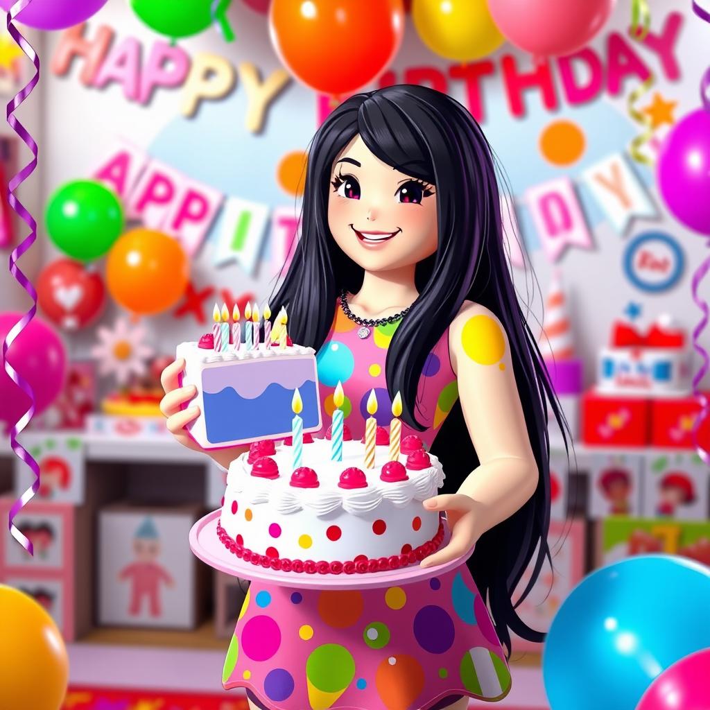 A vibrant scene of a Roblox girl with long black hair celebrating her birthday