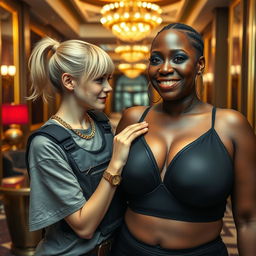 Set in a luxurious hotel, this striking scene features a 20-year-old young blonde woman, notably short and appearing malnourished, playfully gripping the extraordinarily large, silicone-enhanced breasts of a 40-year-old African woman
