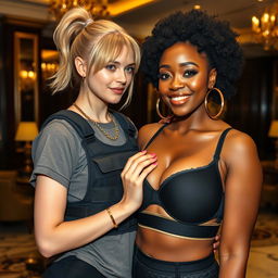 Set in a luxurious hotel, this striking scene features a 20-year-old young blonde woman, notably short and appearing malnourished, playfully gripping the extraordinarily large, silicone-enhanced breasts of a 40-year-old African woman