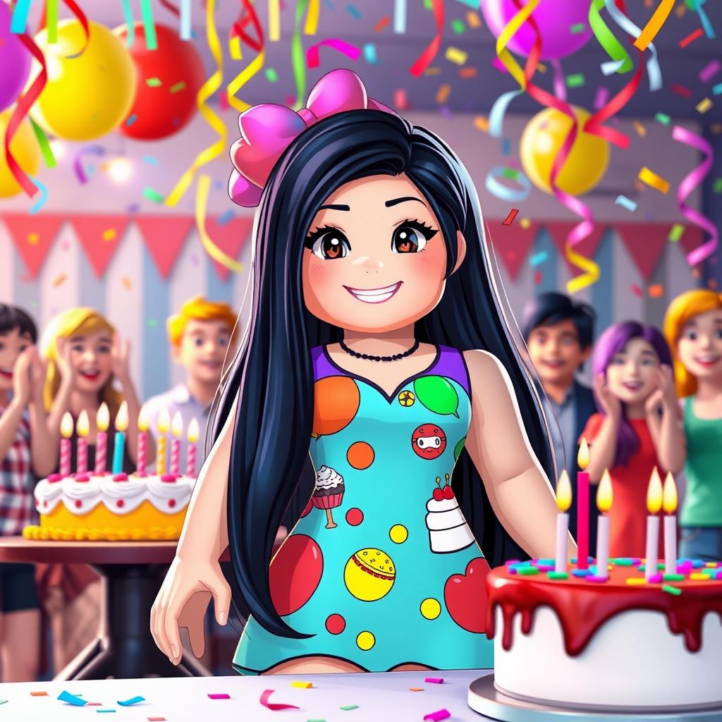 A vibrant birthday scene featuring a Roblox girl with long black hair, wearing a colorful party dress adorned with balloons and cake designs