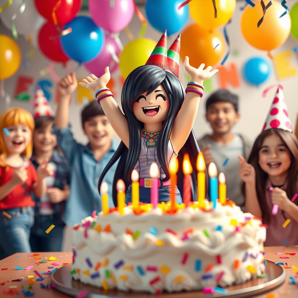 A festive scene celebrating a birthday with a Roblox girl featuring long black hair