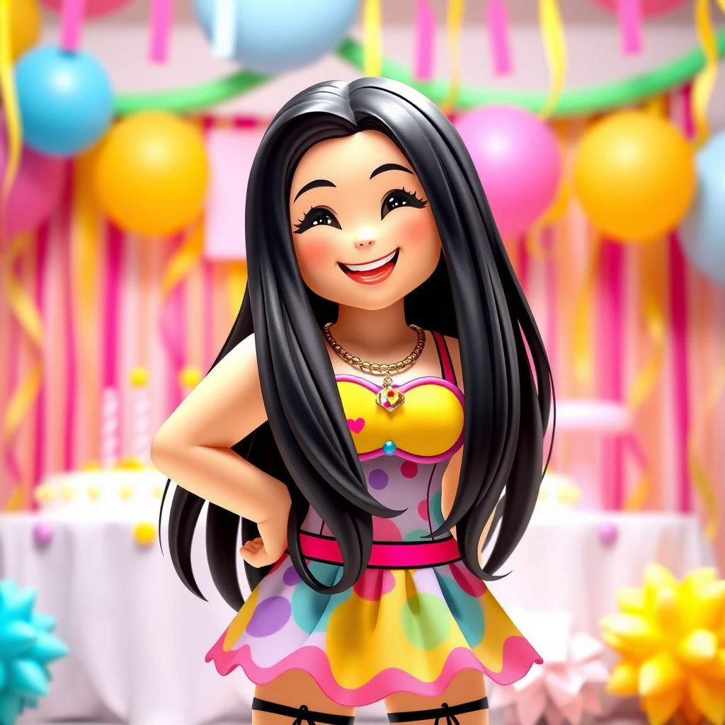 A cheerful Roblox character girl with long black hair, wearing a colorful birthday party outfit