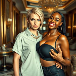 Set in an opulent luxury hotel, this striking scene features a 20-year-old young blonde woman, notably short and appearing malnourished, with a serious expression