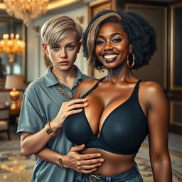 Set in an opulent luxury hotel, this striking scene features a 20-year-old young blonde woman, notably short and appearing malnourished, with a serious expression