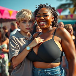 At a daytime party, a striking scene unfolds featuring a 20-year-old young blonde woman, notably short and appearing malnourished, with a serious expression