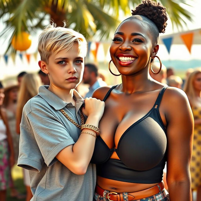 At a daytime party, a striking scene unfolds featuring a 20-year-old young blonde woman, notably short and appearing malnourished, with a serious expression