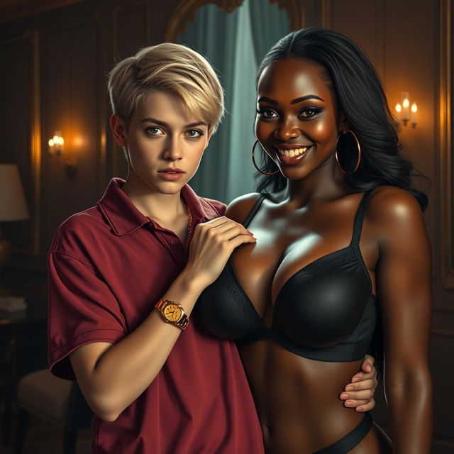 In a dimly lit luxurious room, a captivating scene unfolds featuring a 20-year-old young blonde woman, notably short and appearing malnourished, with a serious and sinister expression