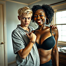 In a simple, basic room, a captivating scene unfolds featuring a 20-year-old young blonde woman, notably short and appearing malnourished, with a serious and menacing expression