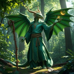 A majestic dragonborn druid magic user, adorned in flowing green robes intricately embroidered with natural motifs