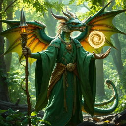 A majestic dragonborn druid magic user, adorned in flowing green robes intricately embroidered with natural motifs
