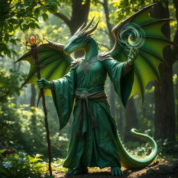 A majestic dragonborn druid magic user, adorned in flowing green robes intricately embroidered with natural motifs