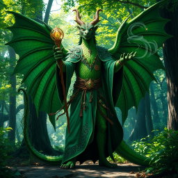A majestic dragonborn druid magic user, adorned in flowing green robes intricately embroidered with natural motifs
