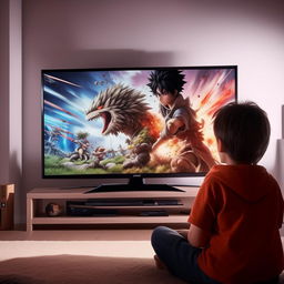 An intricately detailed anime battle scene is playing on a modern, flatscreen TV in a cozy, realistic living area. A young boy is depicted watching, completely engrossed by the dynamic fight on screen.