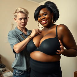 In a basic room, an intriguing scene unfolds featuring a 20-year-old young blonde woman, notably short and appearing malnourished, with a serious and sinister expression