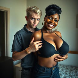 In a basic room, an intriguing scene unfolds featuring a 20-year-old young blonde woman, notably short and appearing malnourished, with a serious and sinister expression