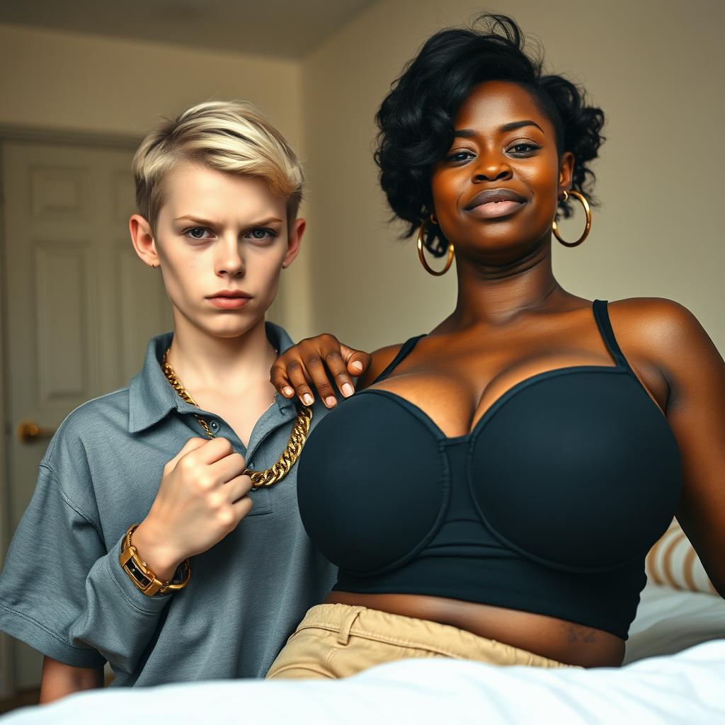 In a basic room, a striking scene features a young blonde woman, 20 years old, short and appearing malnourished, with a serious, menacing expression