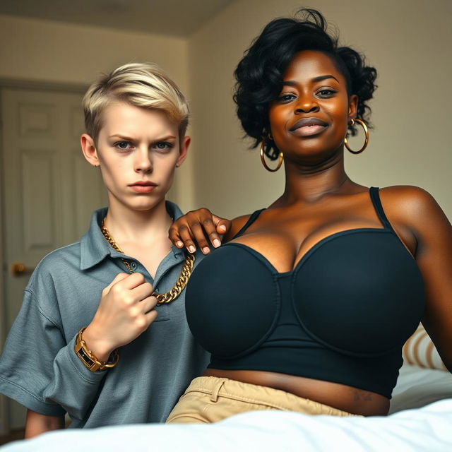 In a basic room, a striking scene features a young blonde woman, 20 years old, short and appearing malnourished, with a serious, menacing expression