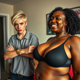 In a basic room, a striking scene features a young blonde woman, 20 years old, short and appearing malnourished, with a serious, menacing expression