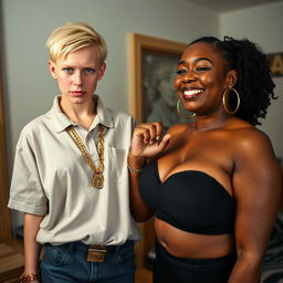 In a basic room, a striking scene features a young blonde woman, 20 years old, short and appearing malnourished, with a serious, menacing expression