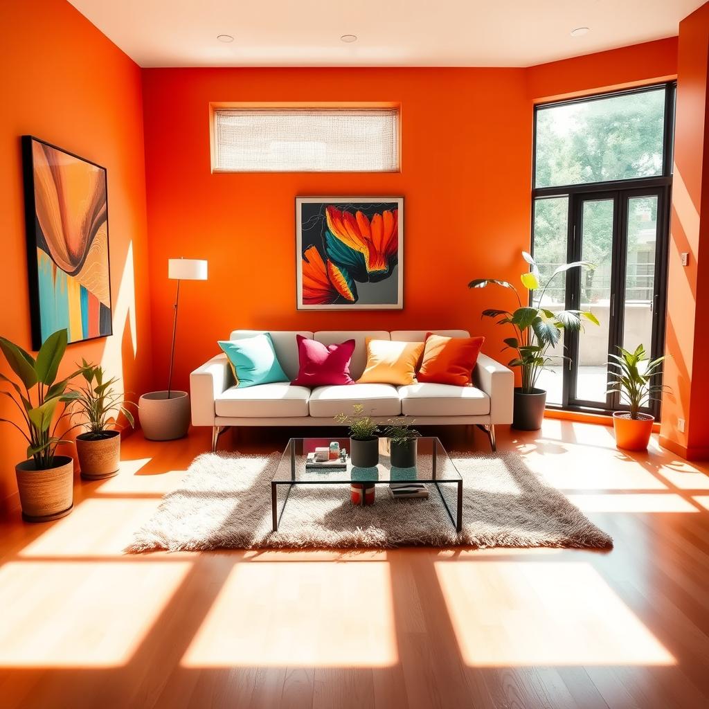 A modern interior room featuring stylish furniture, vibrant artwork, and a large window allowing natural light to flood in