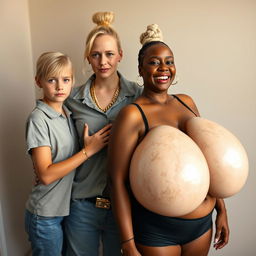 In a basic room setting, a young blonde woman, notably petite and undernourished, around 20 years old, stands with a serious expression