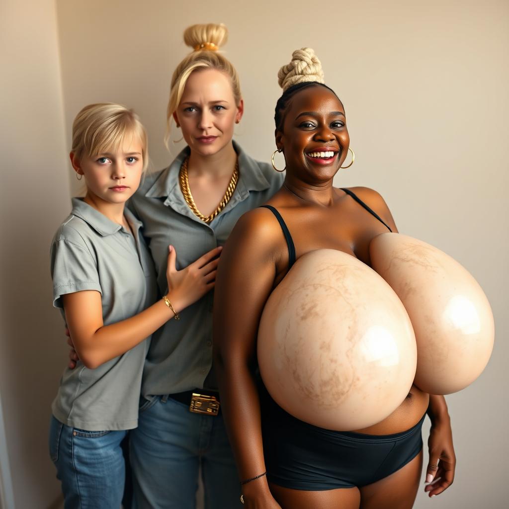 In a basic room setting, a young blonde woman, notably petite and undernourished, around 20 years old, stands with a serious expression