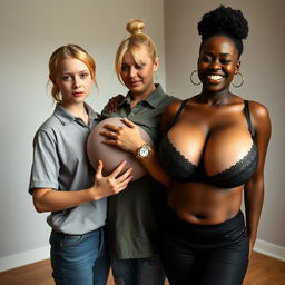 In a basic room setting, a young blonde woman, notably petite and undernourished, around 20 years old, stands with a serious expression