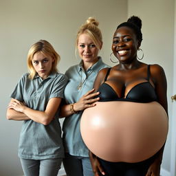 In a basic room setting, a young blonde woman, notably petite and undernourished, around 20 years old, stands with a serious expression