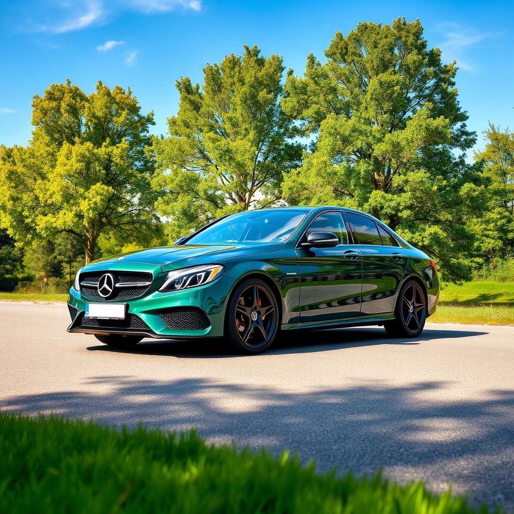 A stunning Mercedes-Benz r170 in a dark emerald green color with sleek black rims, parked elegantly on a scenic road