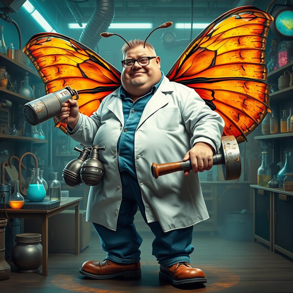 A portly, half-human, half-moth scientist in a dynamic pose, wearing denim jeans and a classic white lab coat