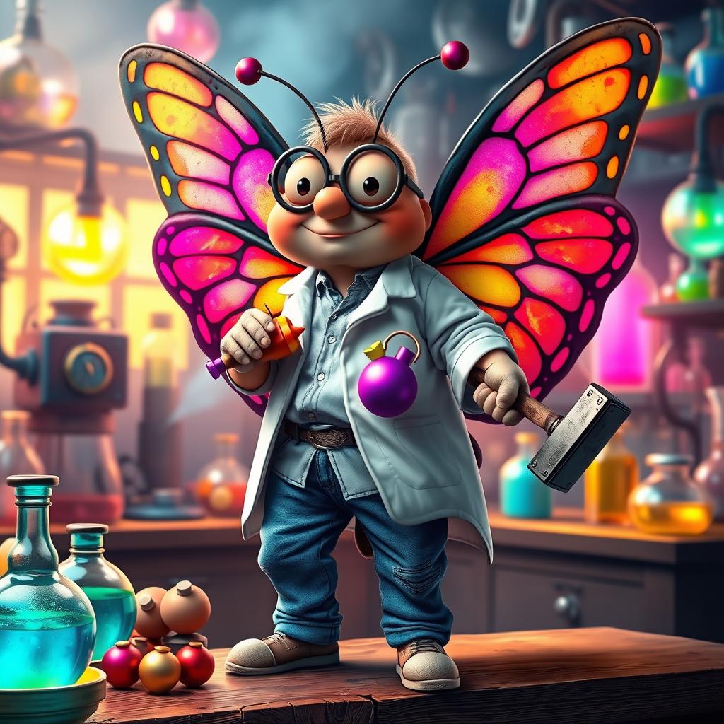 A whimsical yet determined scientist butterfly, chubby and with large, colorful wings that reflect brilliant hues, wearing denim jeans and a white lab coat
