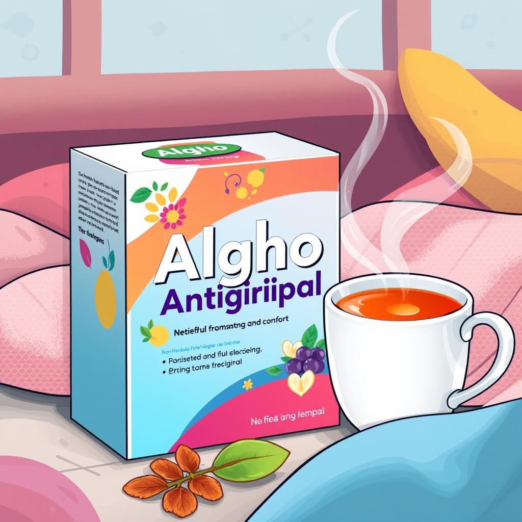 A colorful illustration of the fictional Algho Antigripal medicine, depicted as a sleek, modern box with a vibrant design featuring elements that suggest relief and comfort from flu symptoms