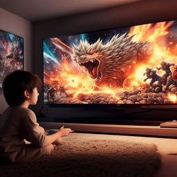 An intricately detailed anime battle scene is playing on a modern, flatscreen TV in a cozy, realistic living area. A young boy is depicted watching, completely engrossed by the dynamic fight on screen.