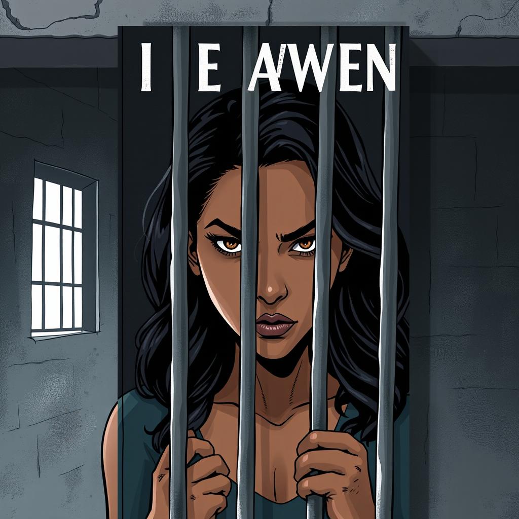 A powerful book cover illustration featuring a woman behind bars in a stark prison setting
