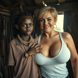 Inside a dilapidated shack filled with an assortment of weapons, a 20-year-old young African woman, who is a short and malnourished dwarf with very dark skin, has an angry expression on her face