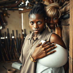 Inside a dilapidated shack filled with an assortment of weapons, a 20-year-old young African woman, who is a short and malnourished dwarf with very dark skin, has an angry expression on her face