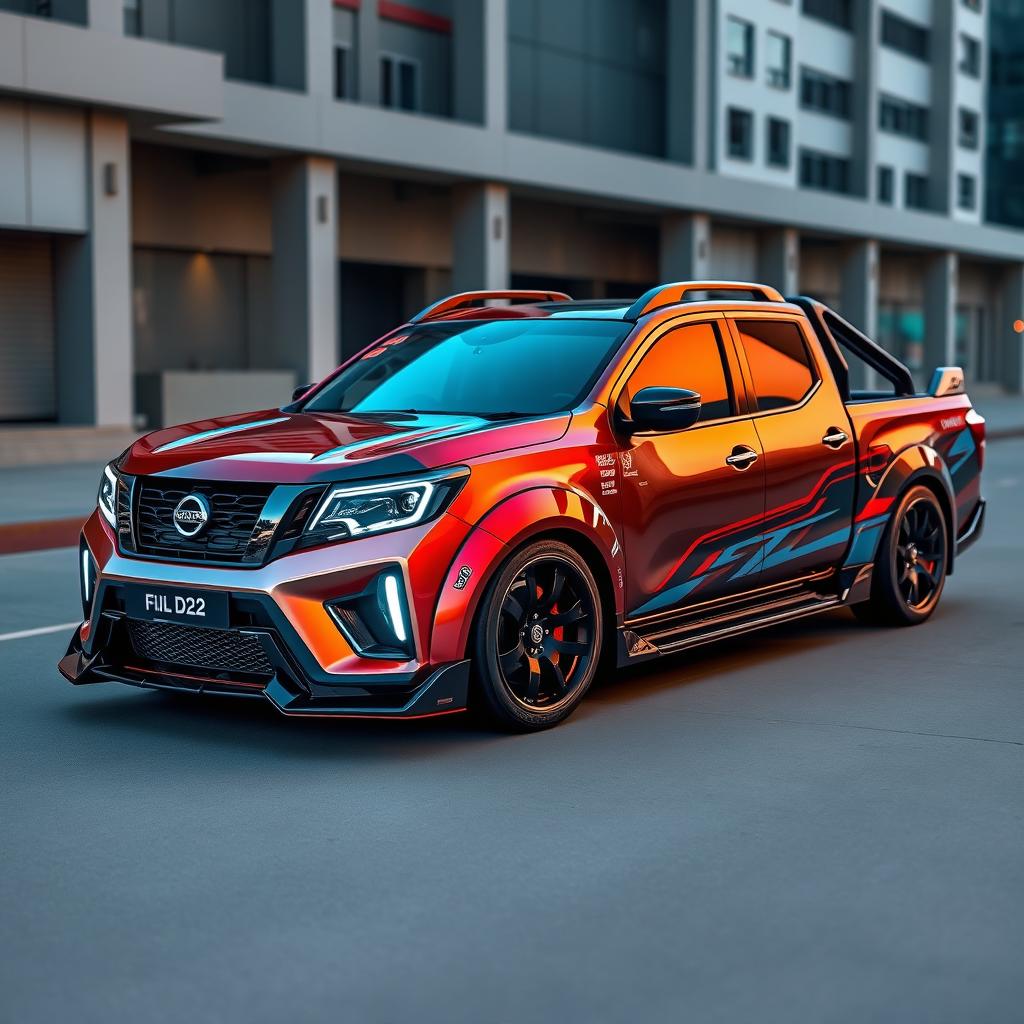 A modern and sporty Nissan D22 pickup truck, featuring sleek body modifications, a lowered stance for better aerodynamics, custom alloy wheels, aerodynamic side skirts, and a sporty front bumper