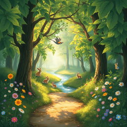 An enchanting illustration featuring a serene forest scene with gentle sunlight filtering through the dense canopy of leaves
