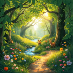 An enchanting illustration featuring a serene forest scene with gentle sunlight filtering through the dense canopy of leaves